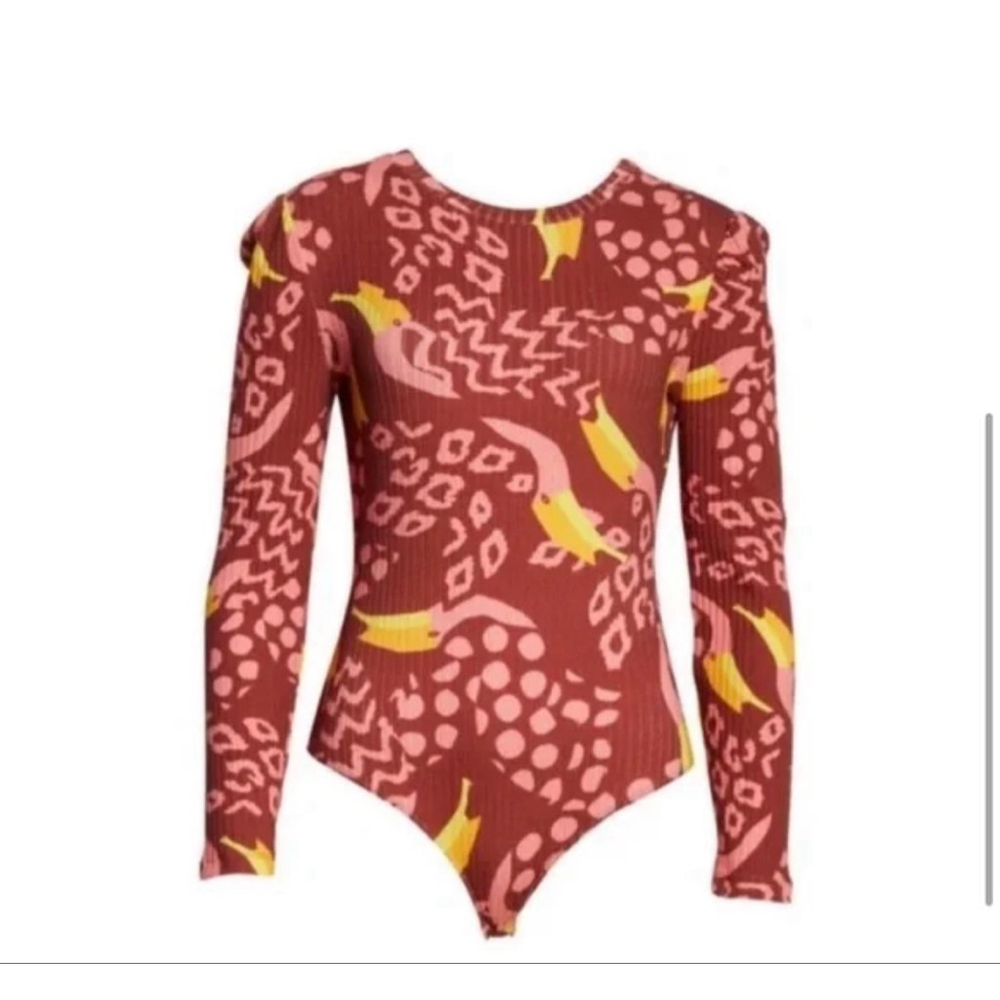 FARM Rio Red/Pink/Yellow Printed Long-Sleeve Ribbed Bodysuit